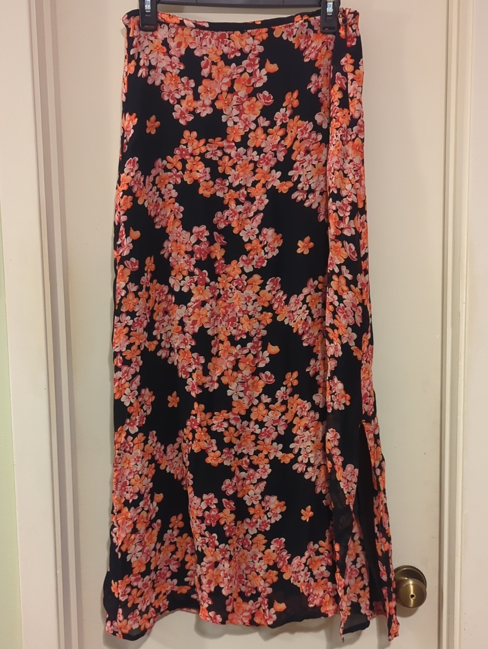 Laura Ashley Black Maxi Skirt with Orange & Pink Floral Pattern